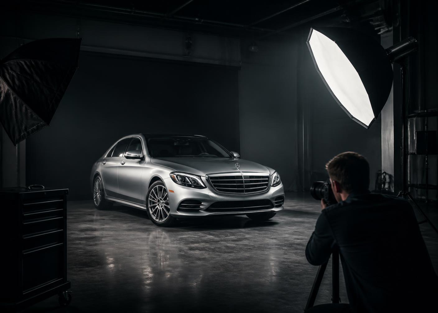 Vehicle being photographed under studio lighting
