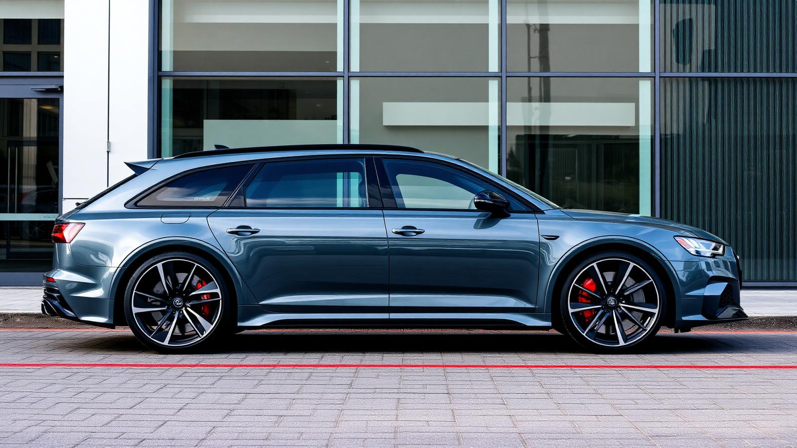 Nardo grey Audi RS6 Avant outside a modern glass building