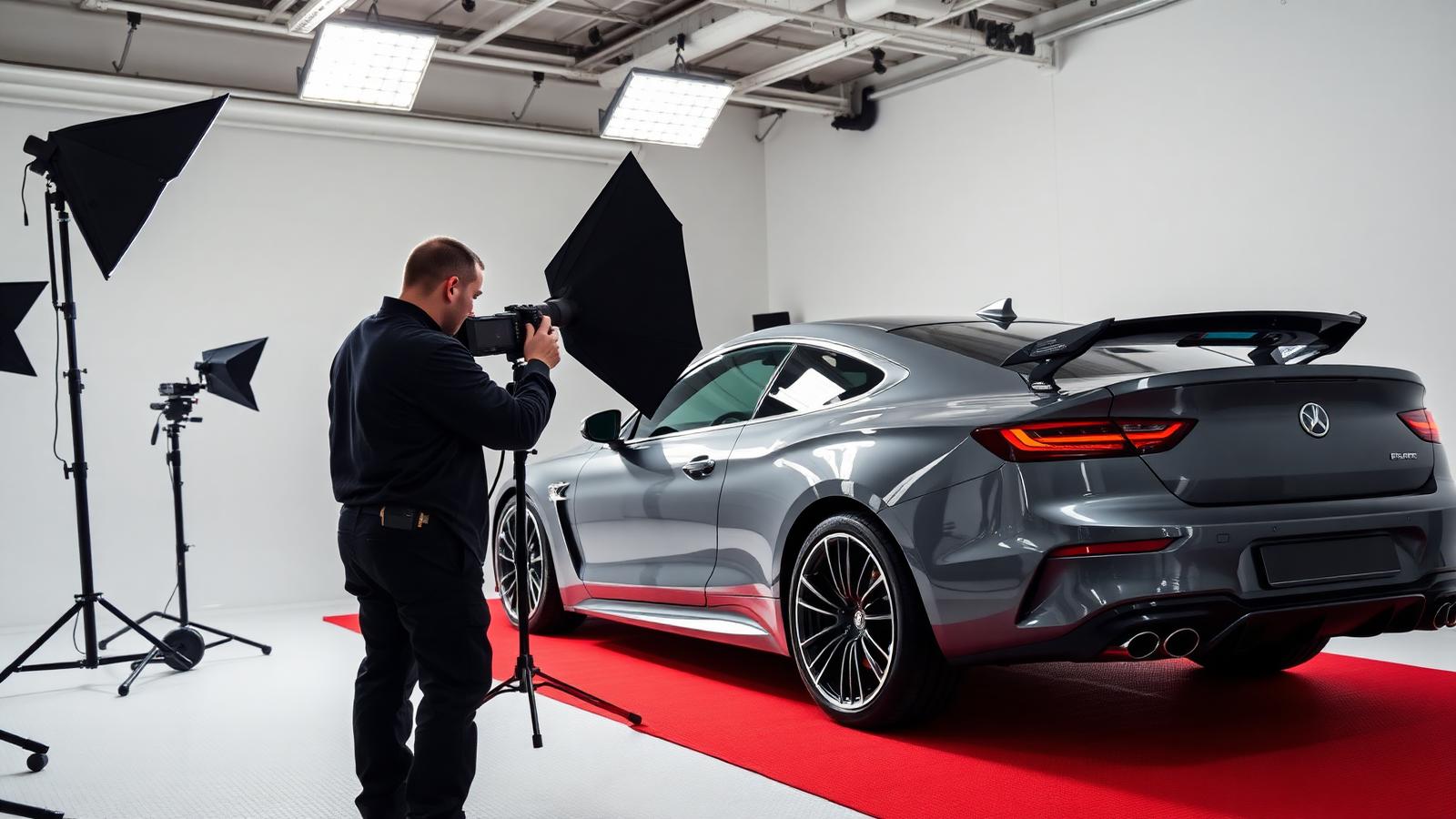 Photographer capturing a prepared premium car in a studio before it is advertised