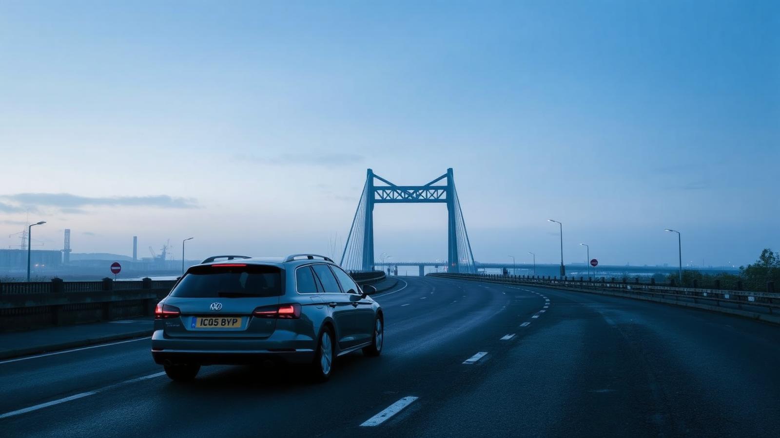 Estate car approaching the Dartford crossing at dawn