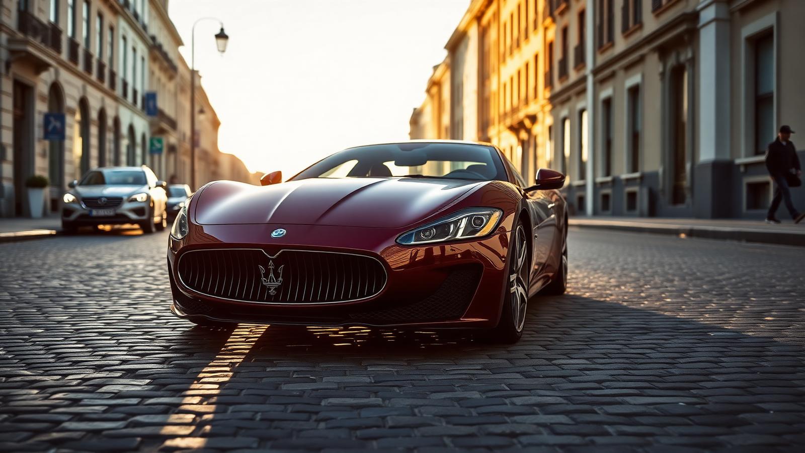 Burgundy Maserati GranTurismo on a cobbled street at golden hour