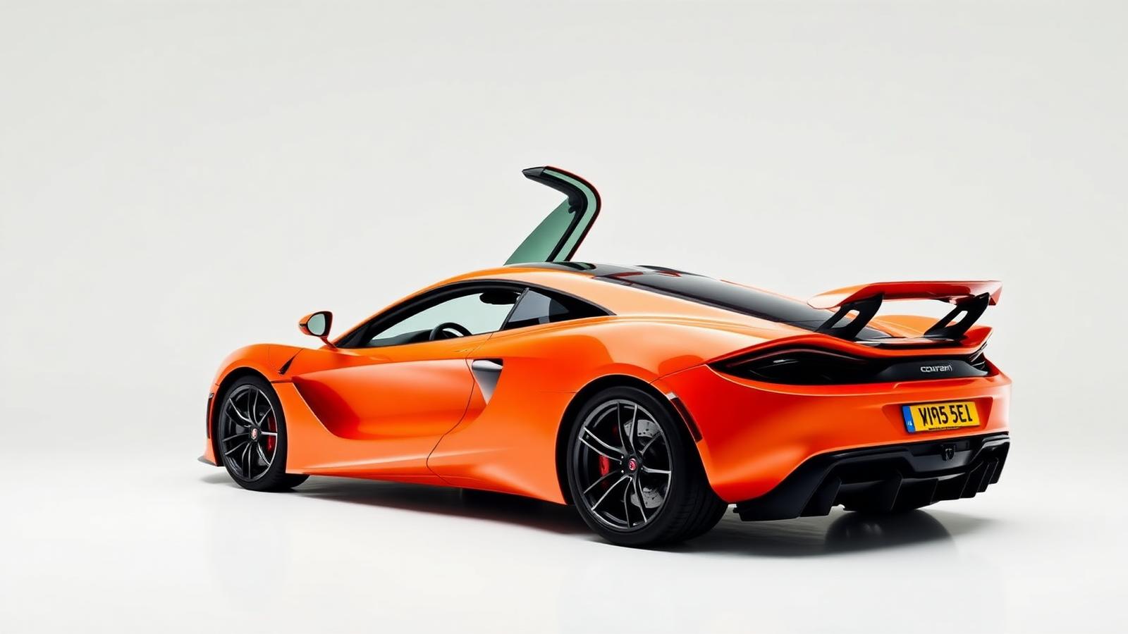 Orange McLaren 720S with dihedral door raised in a white studio