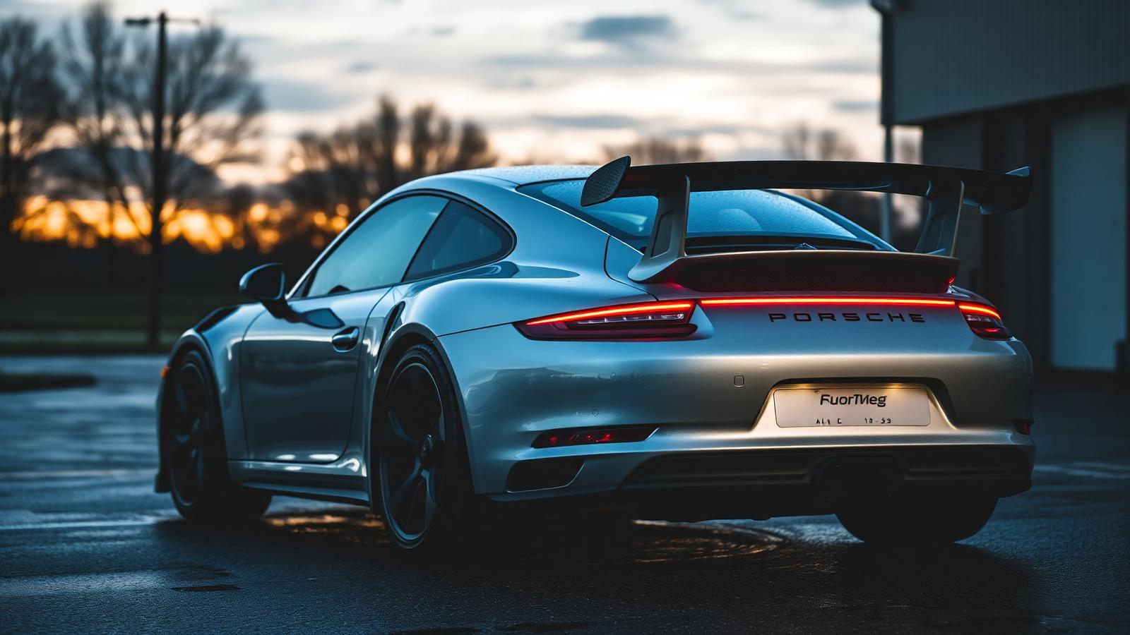 Silver Porsche 911 GT3 photographed on a wet forecourt at dusk
