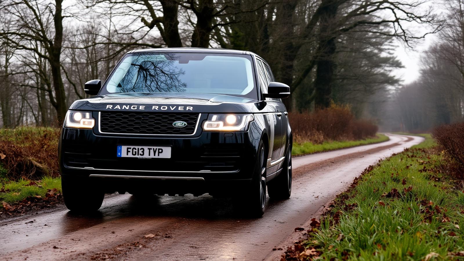 Black Range Rover Autobiography on a wet woodland estate track