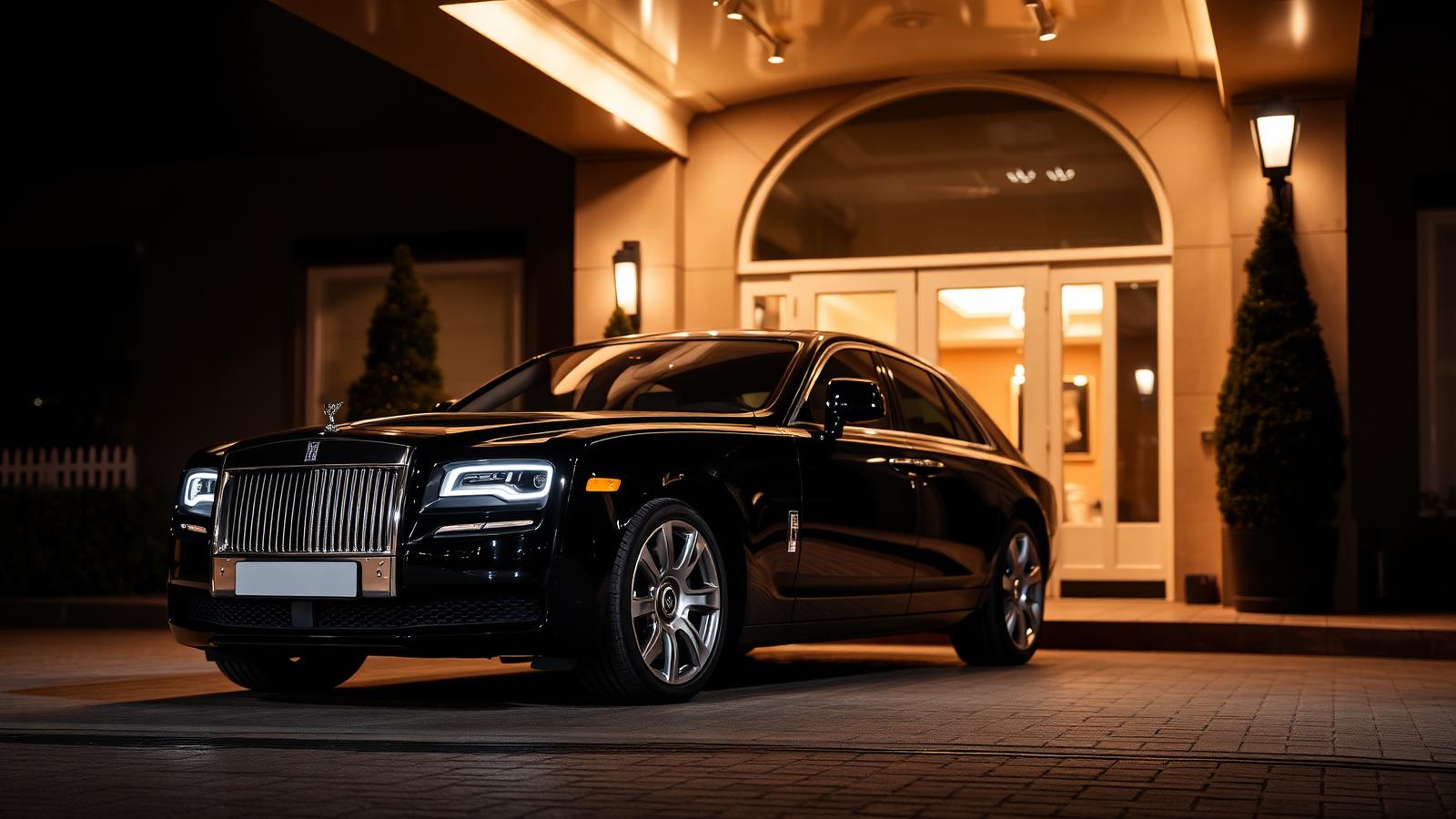 Black Rolls-Royce Ghost under a hotel portico at night